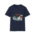 Cat Riding Shark T-Shirt — Retro Surf Graphic Tee for Cat Lovers