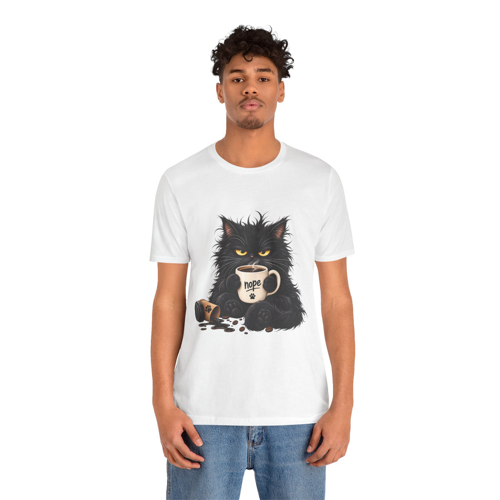 Nope Cat Coffee T‑Shirt — Grumpy Black Cat Holding 'Nope' Mug