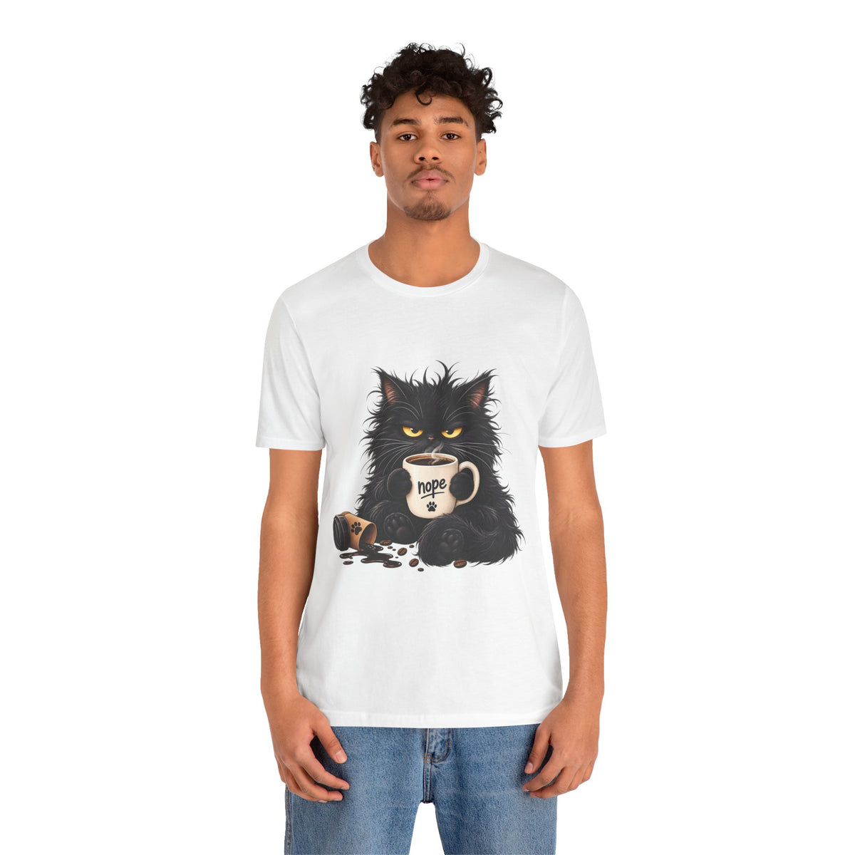 Nope Cat Coffee T‑Shirt — Grumpy Black Cat Holding 'Nope' Mug