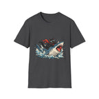 Cat Riding Shark T-Shirt — Retro Surf Graphic Tee for Cat Lovers