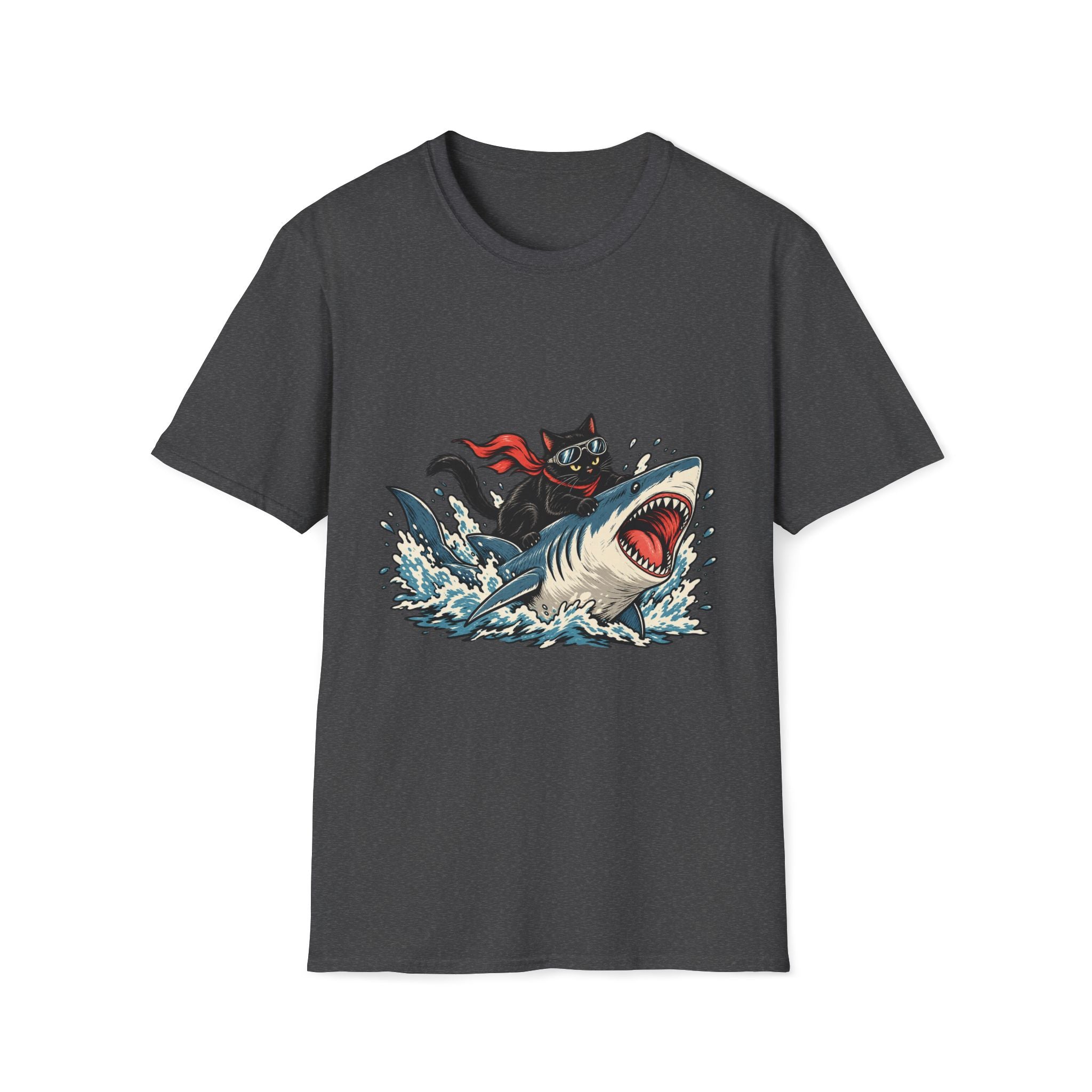 Cat Riding Shark T-Shirt — Retro Surf Graphic Tee for Cat Lovers