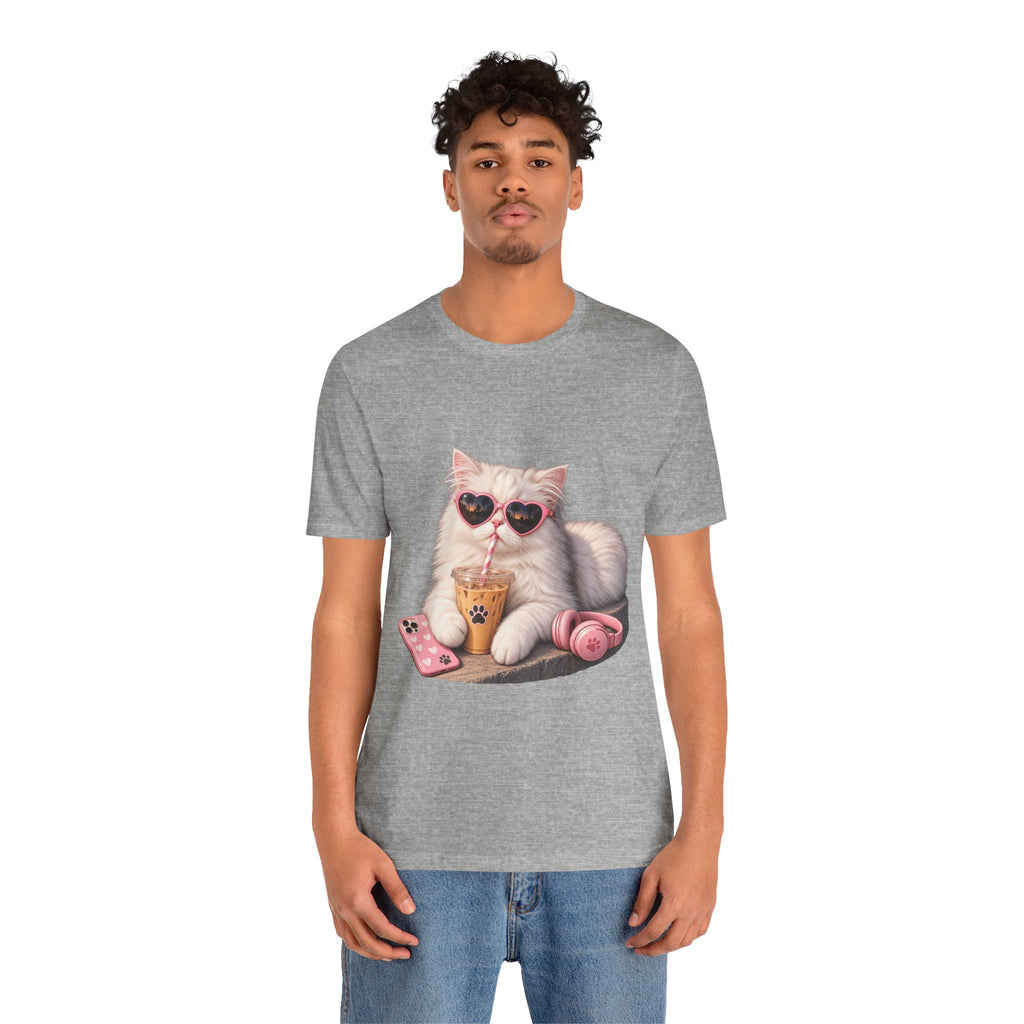 Cat With Boba T-Shirt — Cute White Cat Wearing Heart Sunglasses, Phone & Headphones Tee