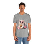 Cat With Boba T-Shirt — Cute White Cat Wearing Heart Sunglasses, Phone & Headphones Tee