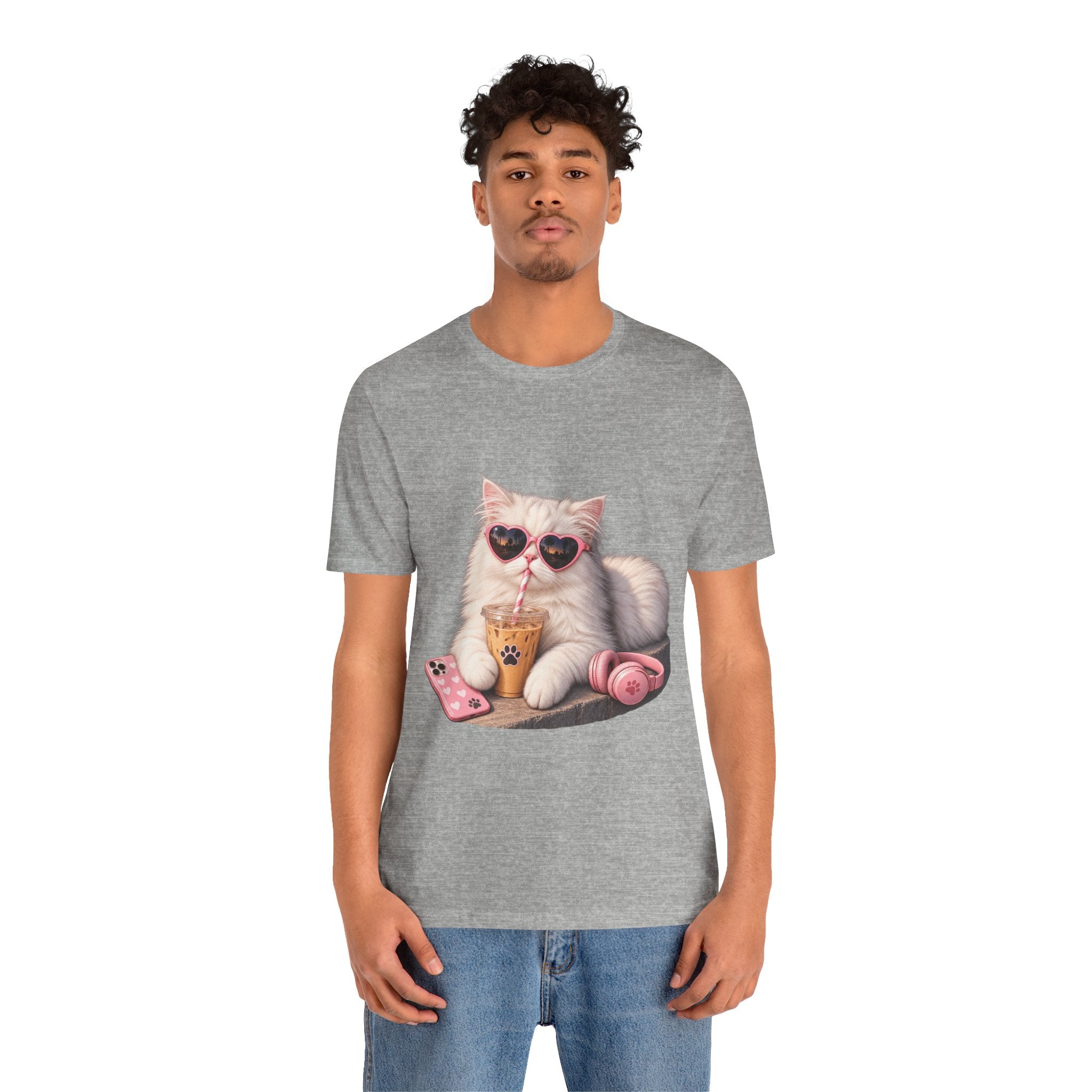 Cat With Boba T-Shirt — Cute White Cat Wearing Heart Sunglasses, Phone & Headphones Tee