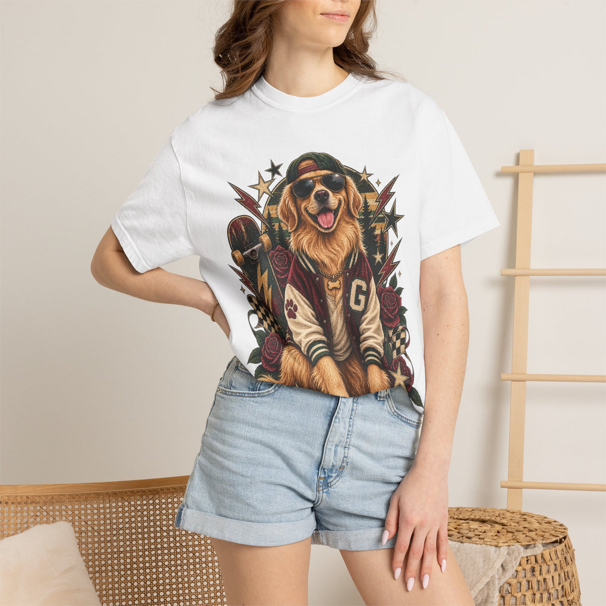 Golden Retriever Varsity T-Shirt — Retro Dog Jacket Design
