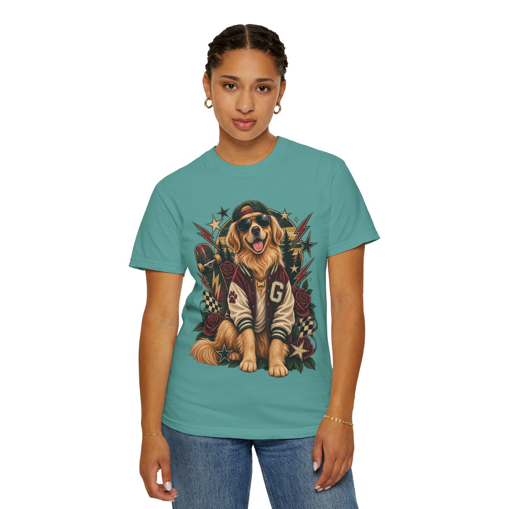 Golden Retriever Varsity T-Shirt — Retro Dog Jacket Design