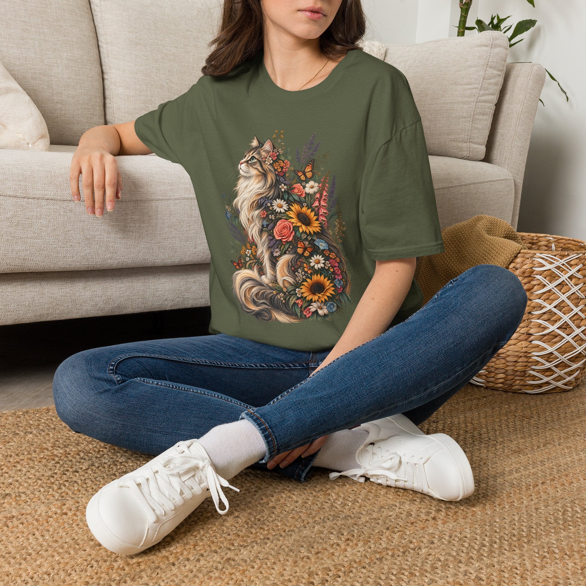 Floral Cat T-Shirt — Sunflower & Wildflower Cat Illustration Tee
