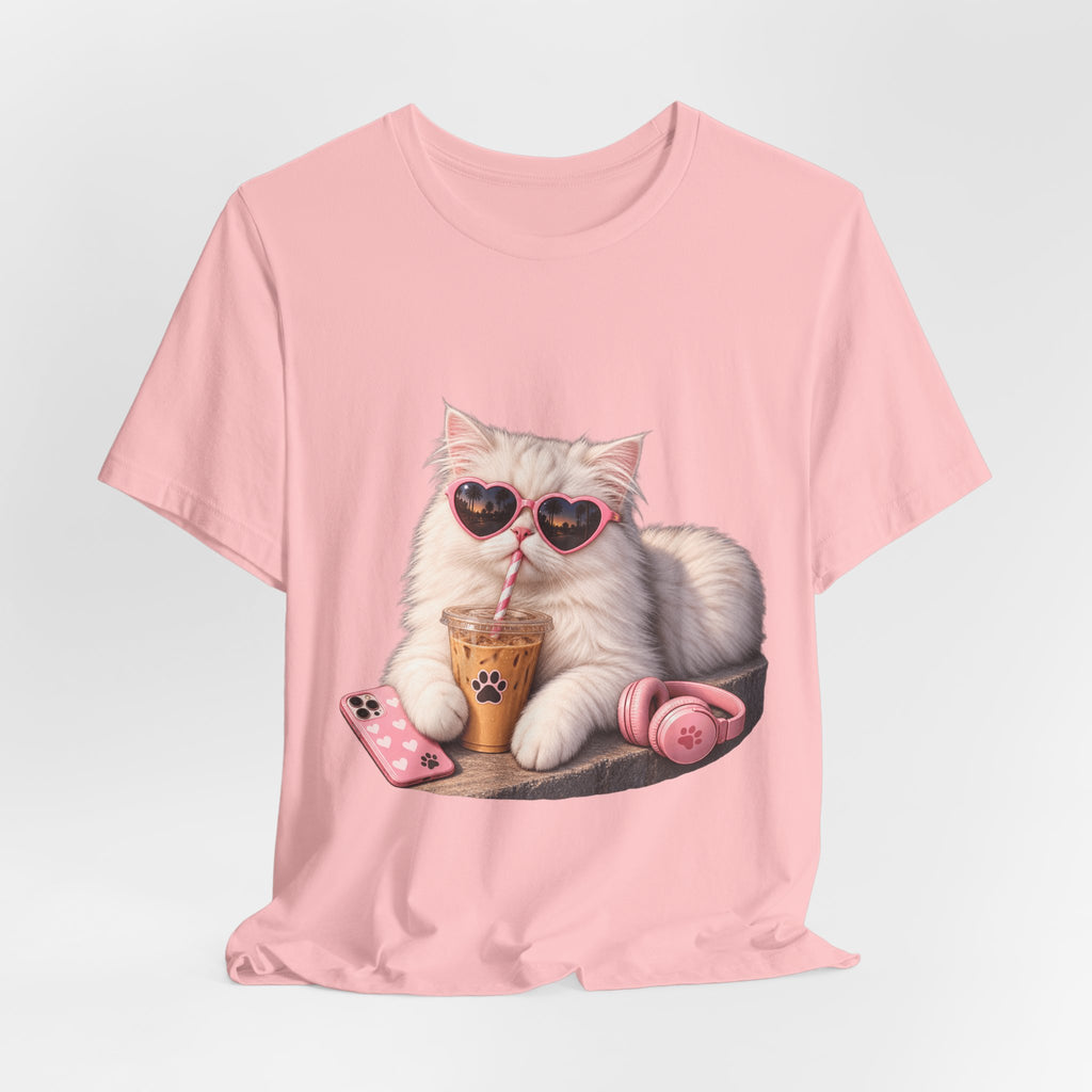 Cat With Boba T-Shirt — Cute White Cat Wearing Heart Sunglasses, Phone & Headphones Tee