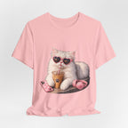 Cat With Boba T-Shirt — Cute White Cat Wearing Heart Sunglasses, Phone & Headphones Tee