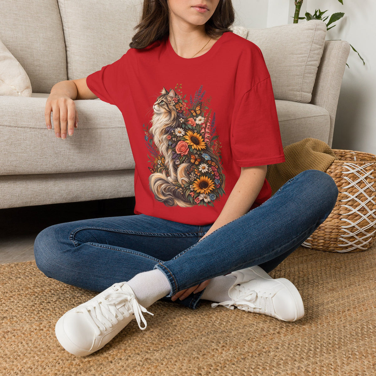 Floral Cat T-Shirt — Sunflower & Wildflower Cat Illustration Tee