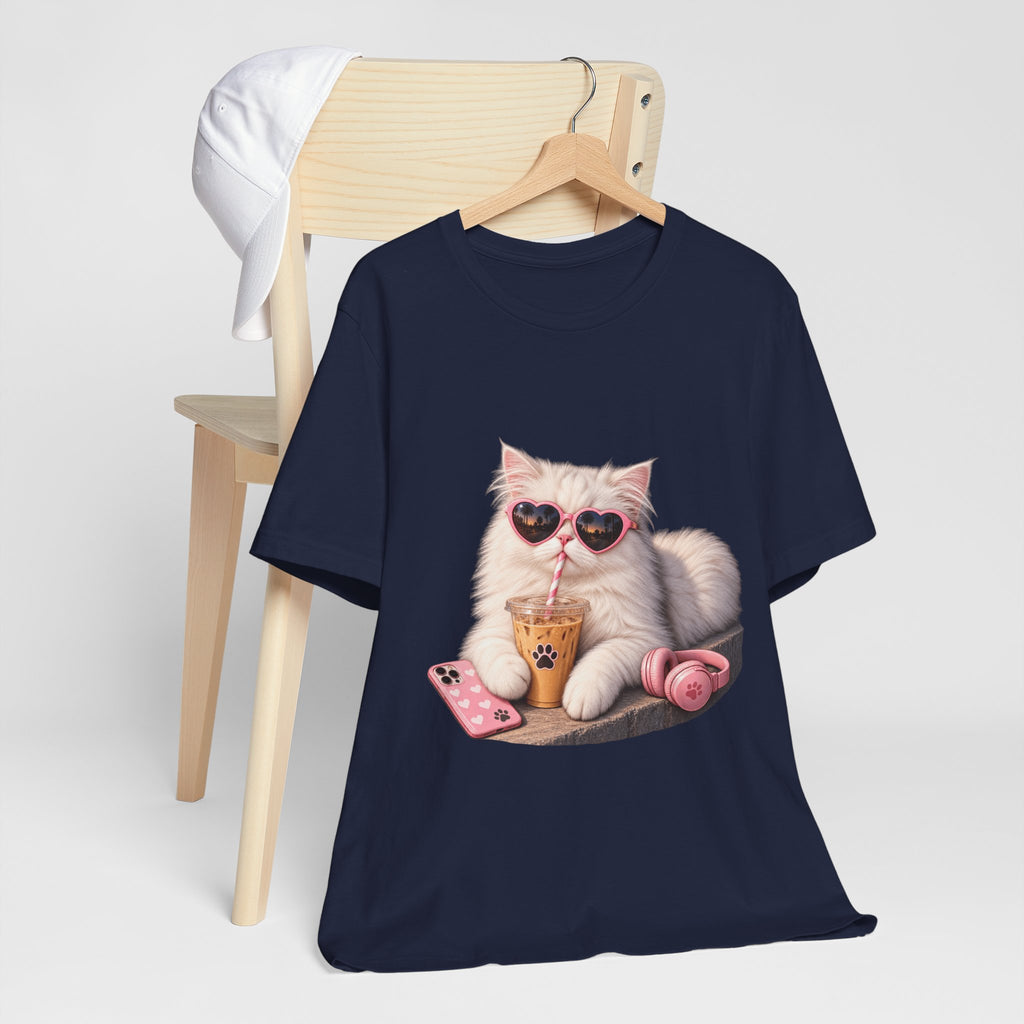 Cat With Boba T-Shirt — Cute White Cat Wearing Heart Sunglasses, Phone & Headphones Tee