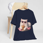 Cat With Boba T-Shirt — Cute White Cat Wearing Heart Sunglasses, Phone & Headphones Tee