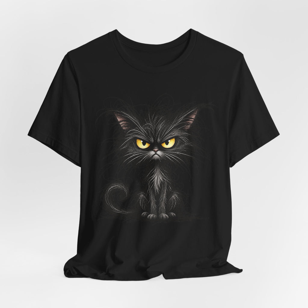 Grumpy Black Cat T‑Shirt — Cute Gothic Cat Tee with Yellow Eyes