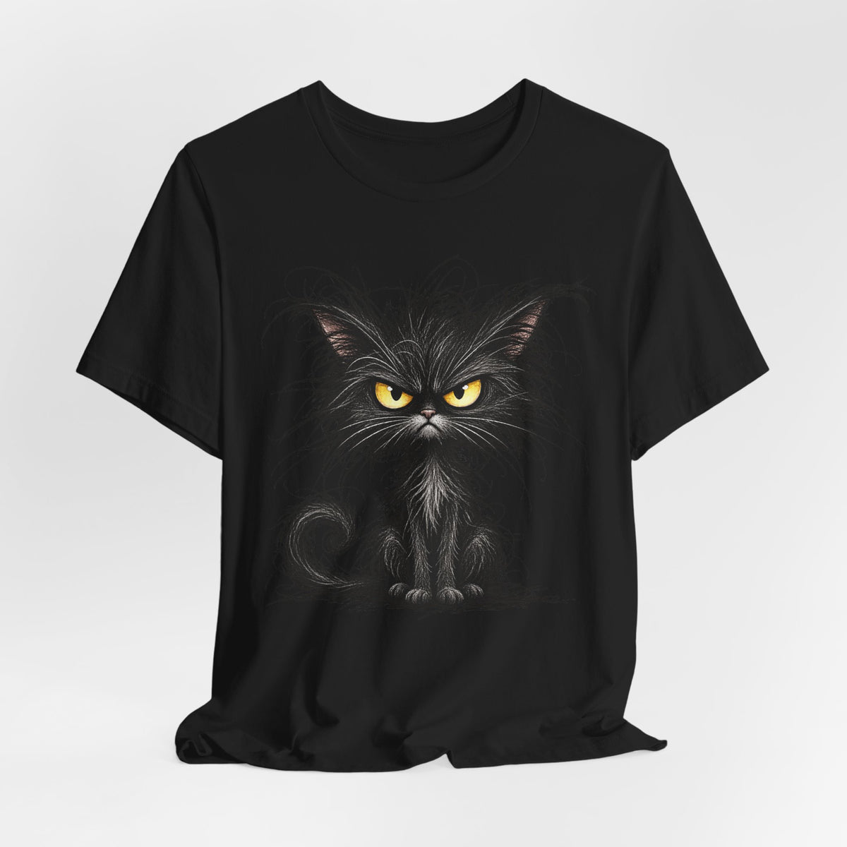 Grumpy Black Cat T‑Shirt — Cute Gothic Cat Tee with Yellow Eyes