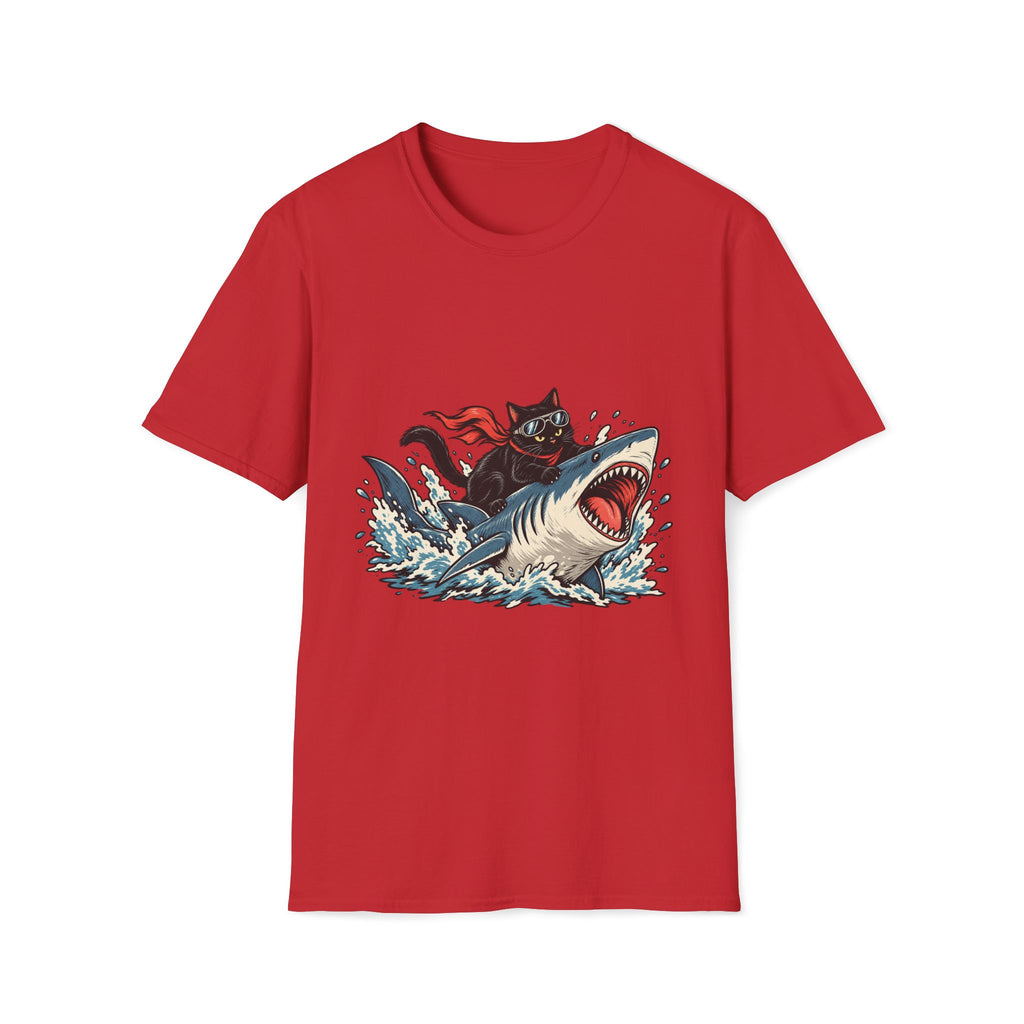 Cat Riding Shark T-Shirt — Retro Surf Graphic Tee for Cat Lovers
