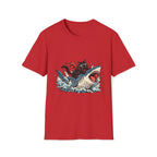Cat Riding Shark T-Shirt — Retro Surf Graphic Tee for Cat Lovers
