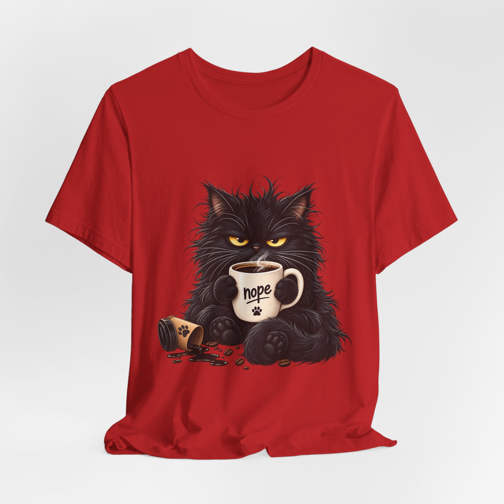 Nope Cat Coffee T‑Shirt — Grumpy Black Cat Holding 'Nope' Mug
