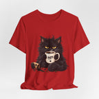 Nope Cat Coffee T‑Shirt — Grumpy Black Cat Holding 'Nope' Mug