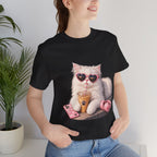 Cat With Boba T-Shirt — Cute White Cat Wearing Heart Sunglasses, Phone & Headphones Tee