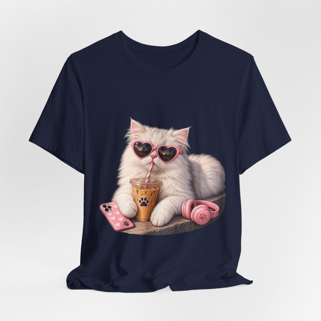 Cat With Boba T-Shirt — Cute White Cat Wearing Heart Sunglasses, Phone & Headphones Tee