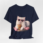 Cat With Boba T-Shirt — Cute White Cat Wearing Heart Sunglasses, Phone & Headphones Tee