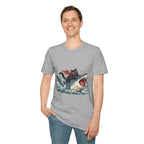 Cat Riding Shark T-Shirt — Retro Surf Graphic Tee for Cat Lovers