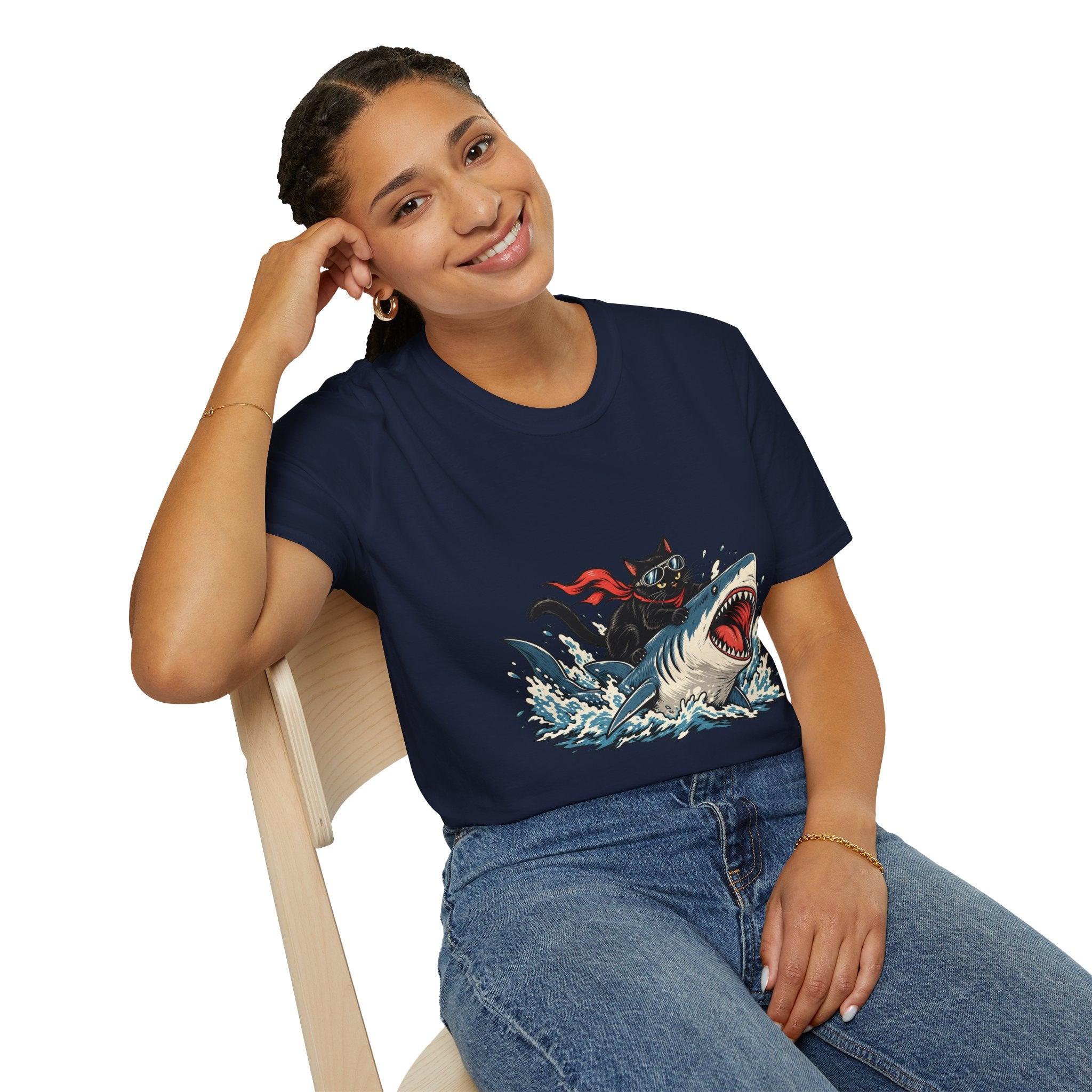 Cat Riding Shark T-Shirt — Retro Surf Graphic Tee for Cat Lovers