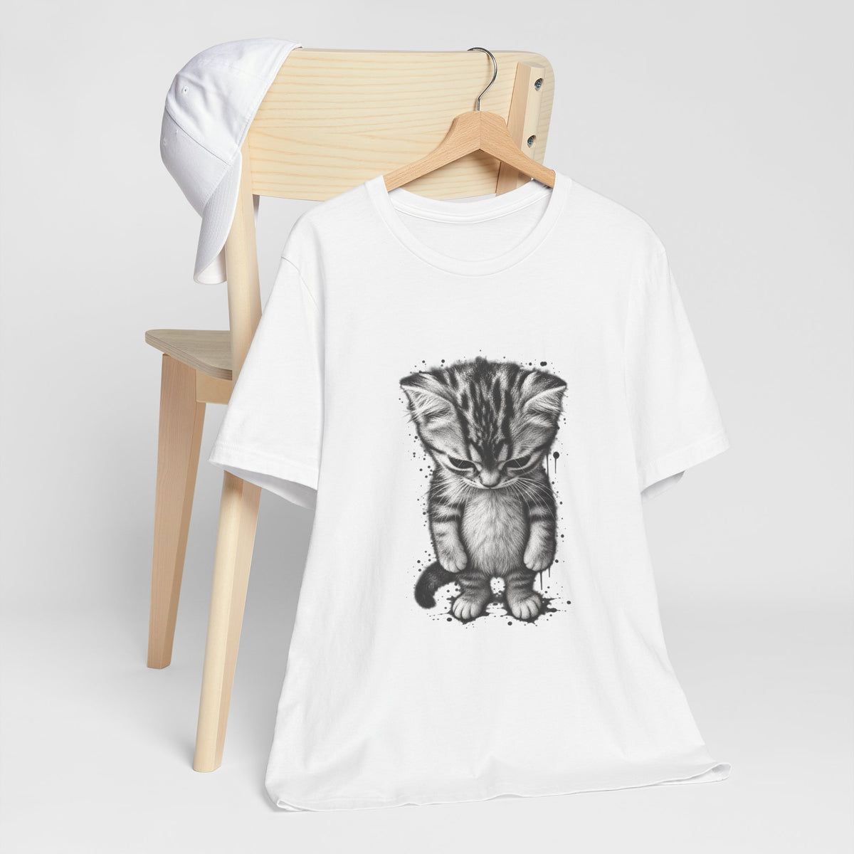 Sad Kitten Illustration T-Shirt — Cute Grayscale Cat Art Tee