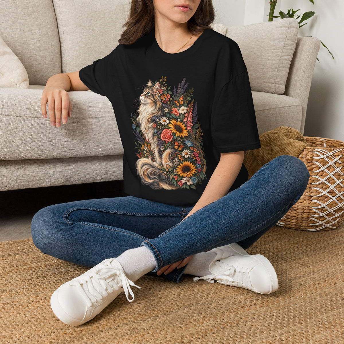 Floral Cat T-Shirt — Sunflower & Wildflower Cat Illustration Tee