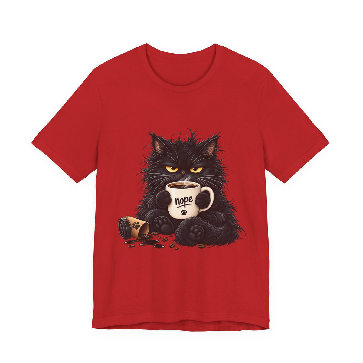 Nope Cat Coffee T‑Shirt — Grumpy Black Cat Holding 'Nope' Mug