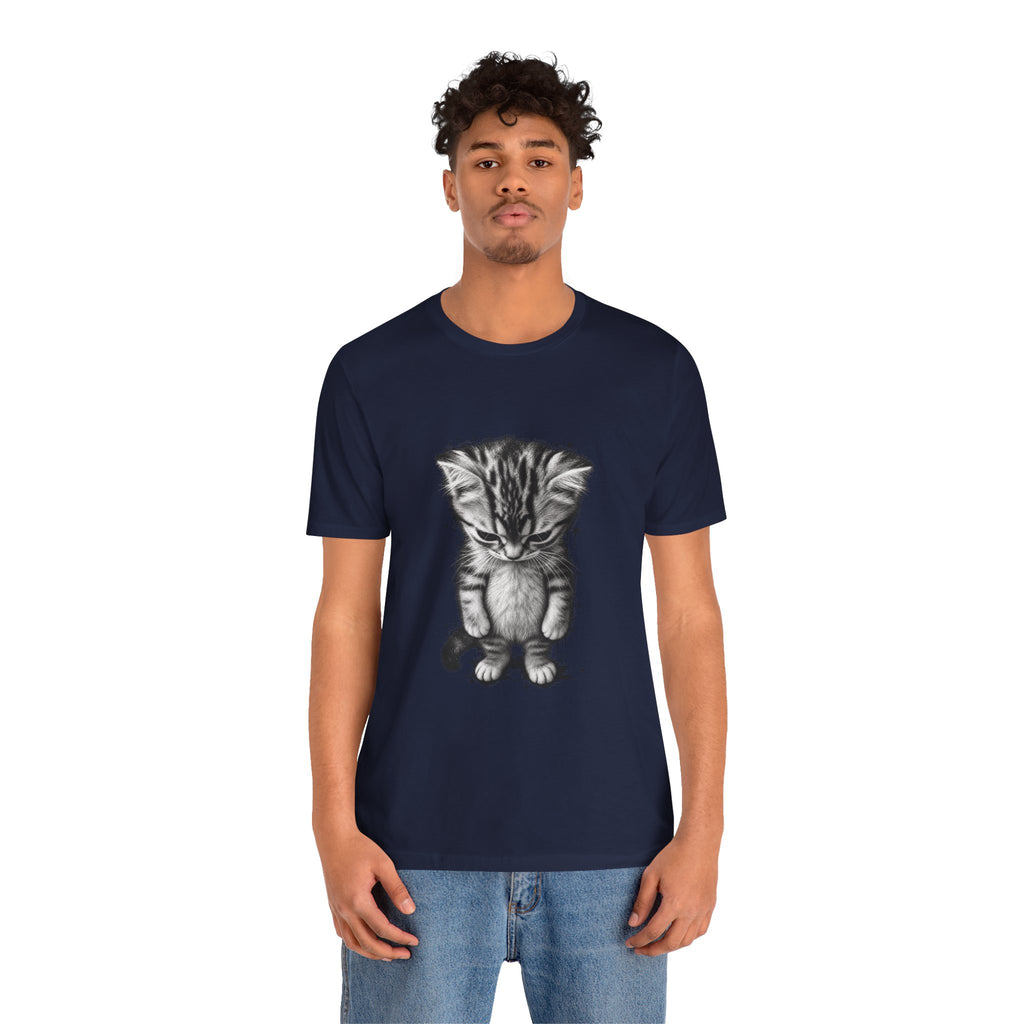 Sad Kitten Illustration T-Shirt — Cute Grayscale Cat Art Tee