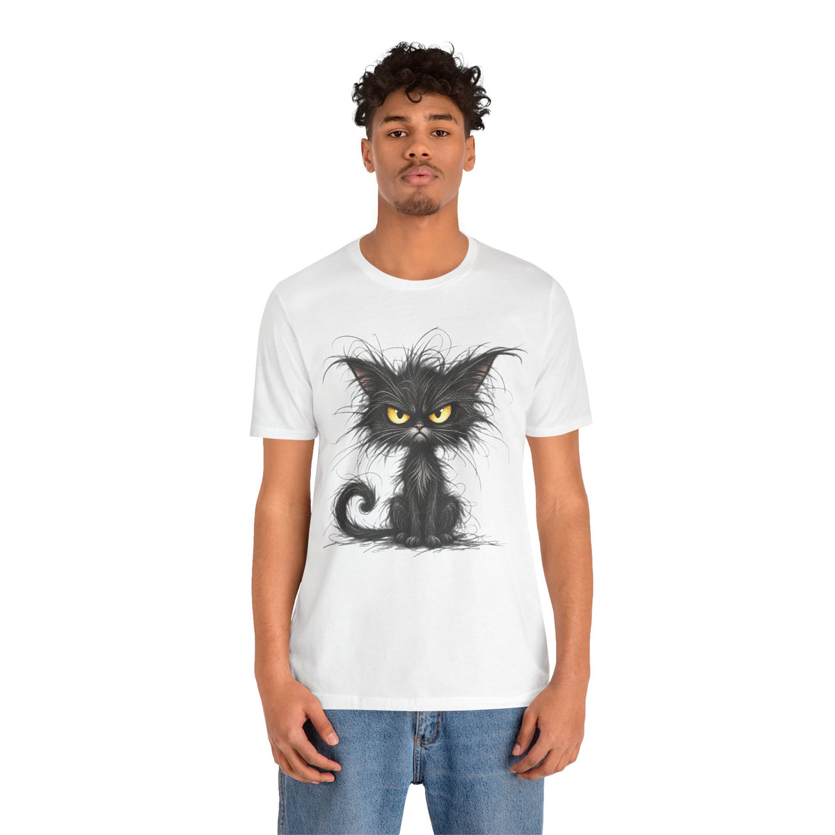 Grumpy Black Cat T‑Shirt — Cute Gothic Cat Tee with Yellow Eyes