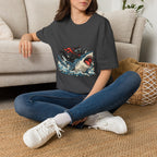 Cat Riding Shark T-Shirt — Retro Surf Graphic Tee for Cat Lovers