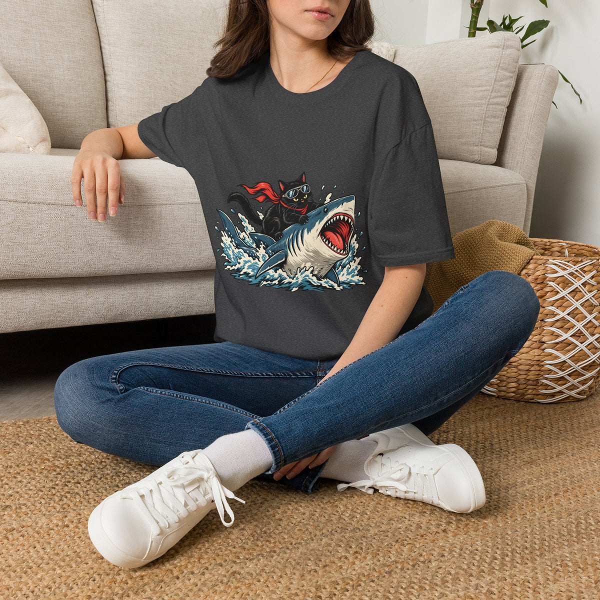 Cat Riding Shark T-Shirt — Retro Surf Graphic Tee for Cat Lovers