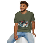 Cat Riding Shark T-Shirt — Retro Surf Graphic Tee for Cat Lovers