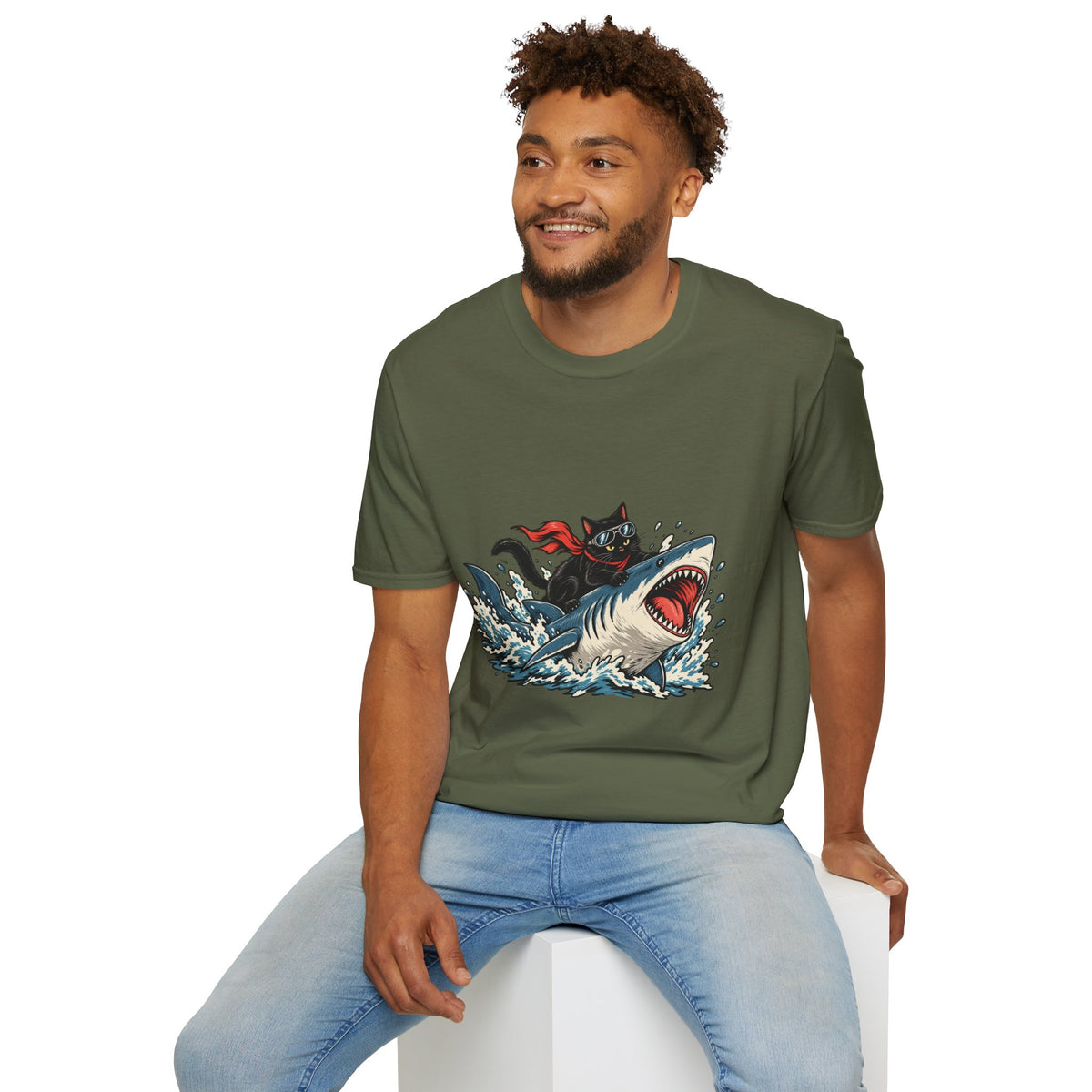 Cat Riding Shark T-Shirt — Retro Surf Graphic Tee for Cat Lovers