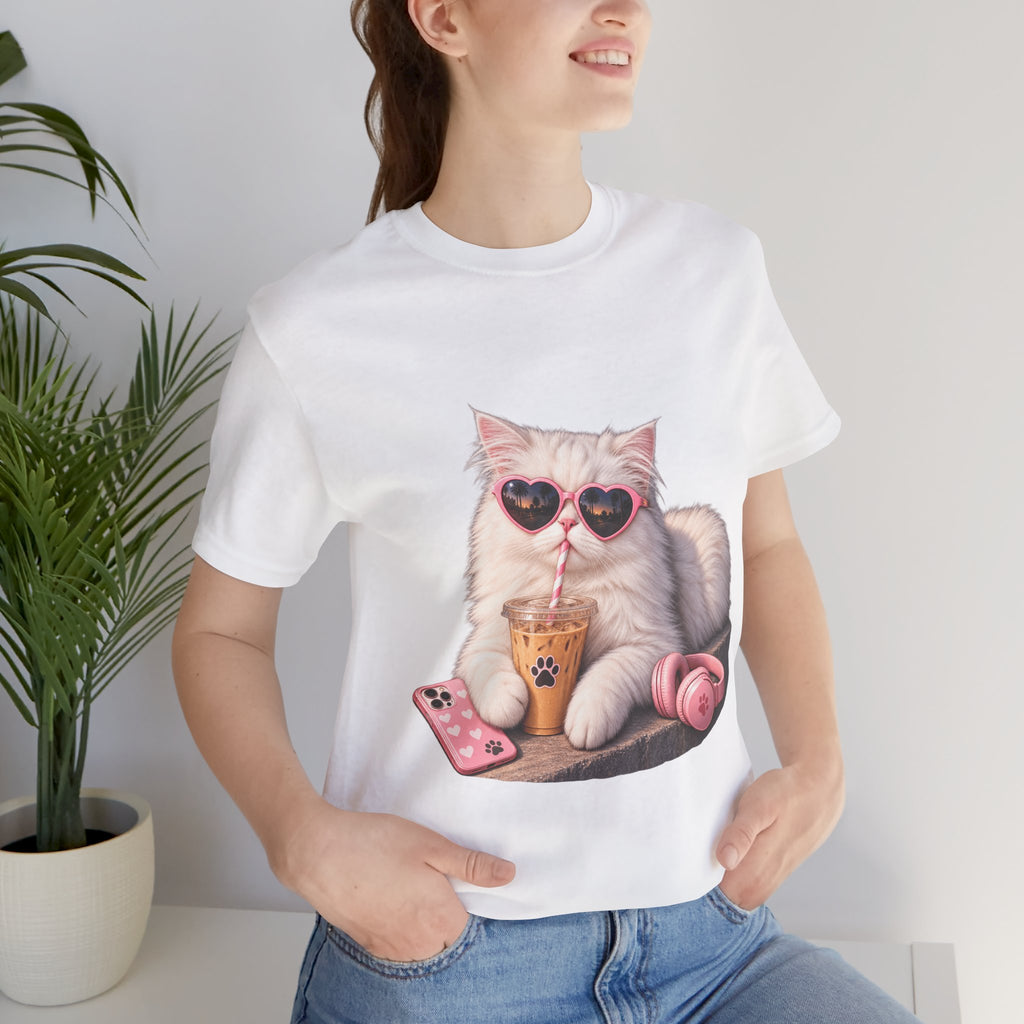 Cat With Boba T-Shirt — Cute White Cat Wearing Heart Sunglasses, Phone & Headphones Tee