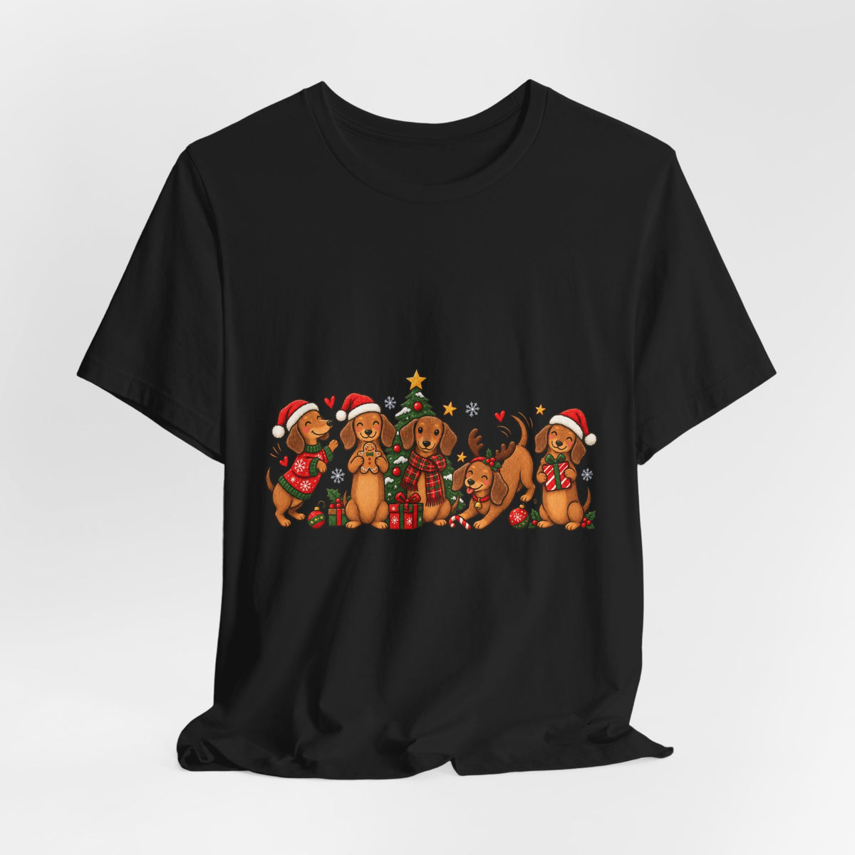 Christmas Dachshund Dogs T-Shirt — Festive Santa Hats & Tree Holiday Tee