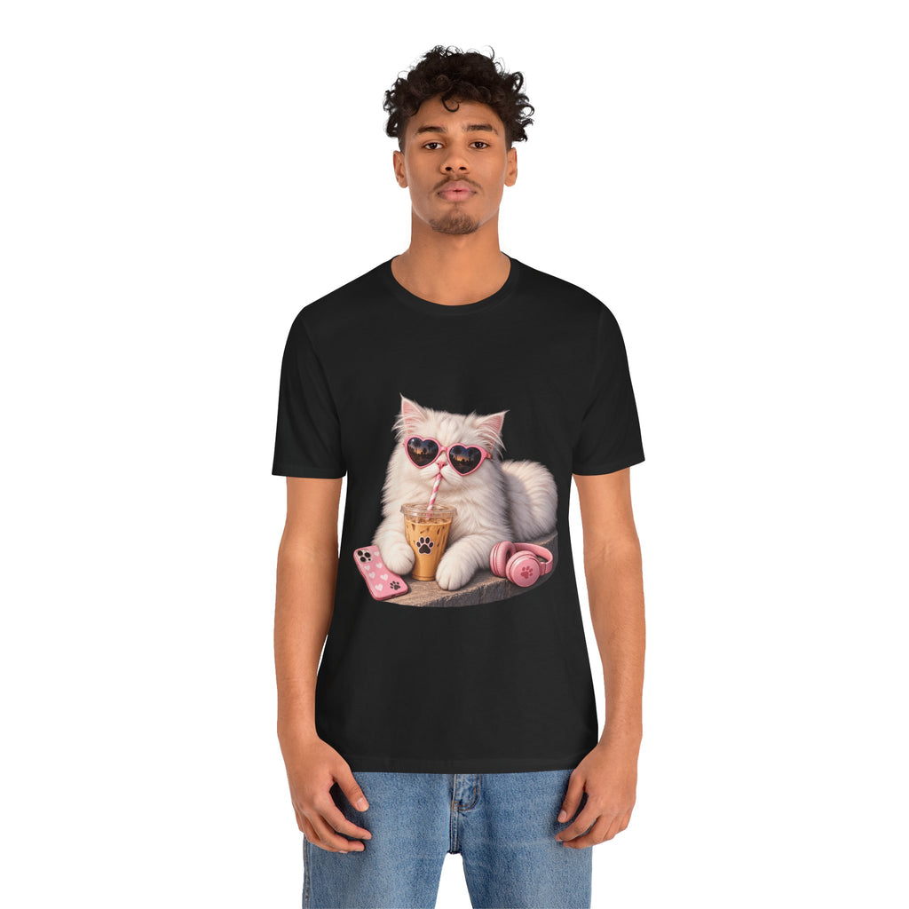 Cat With Boba T-Shirt — Cute White Cat Wearing Heart Sunglasses, Phone & Headphones Tee