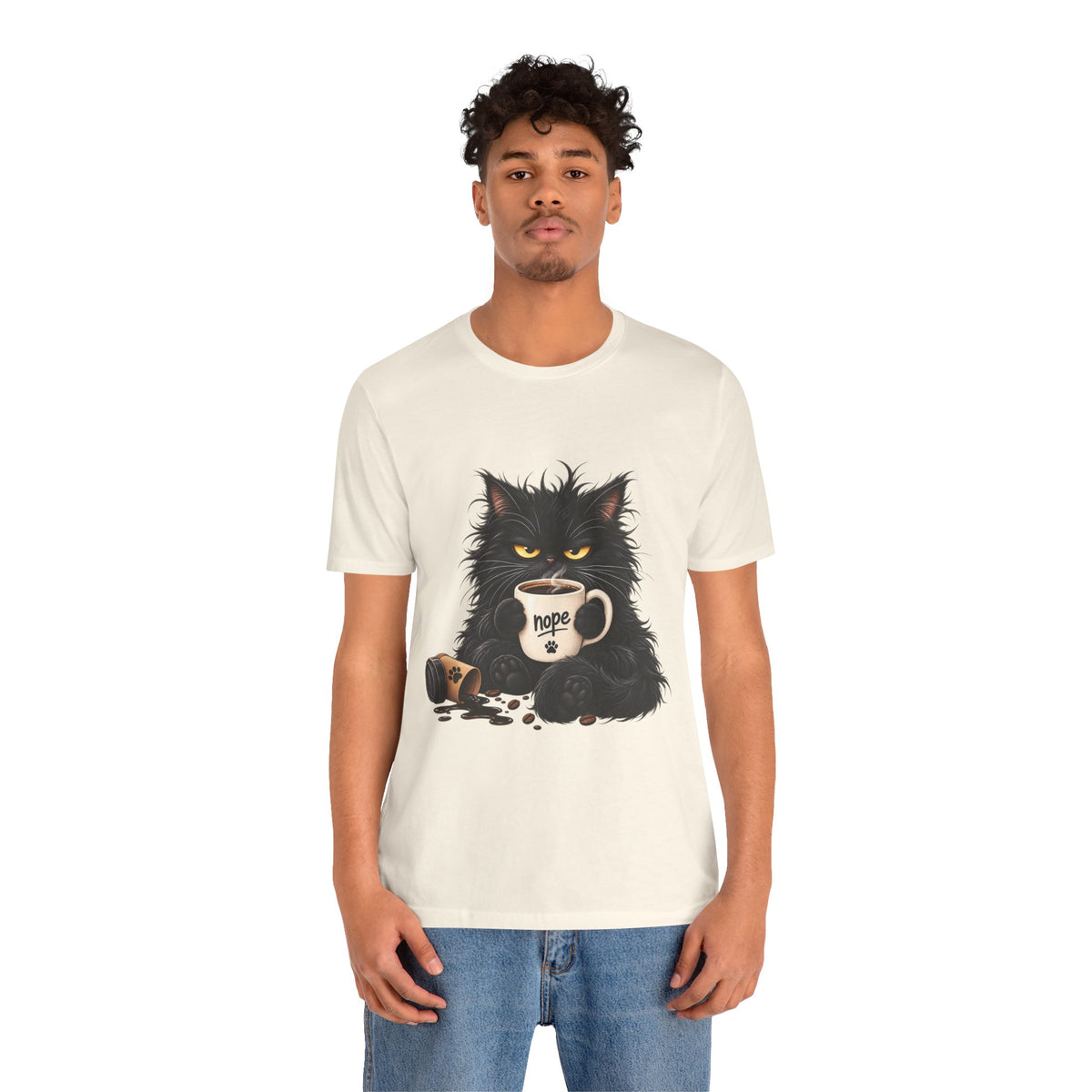 Nope Cat Coffee T‑Shirt — Grumpy Black Cat Holding 'Nope' Mug
