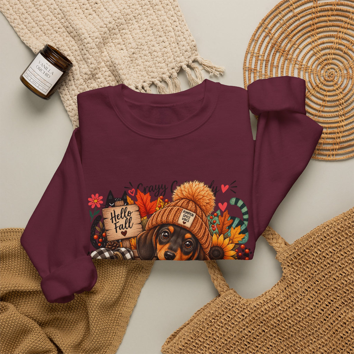Fall Dachshund Sweatshirt – Cozy Pumpkin Patch Dog Crewneck (Hello Fall)