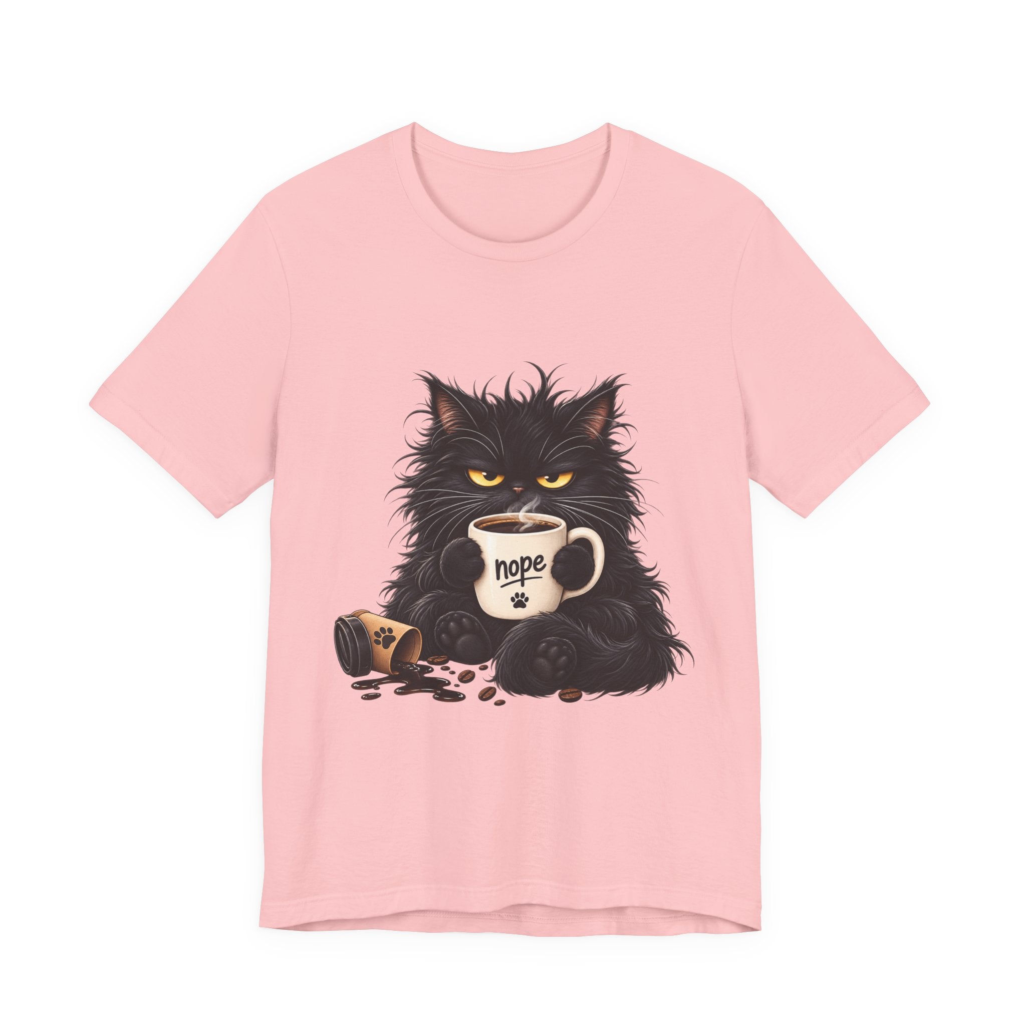 Nope Cat Coffee T‑Shirt — Grumpy Black Cat Holding 'Nope' Mug