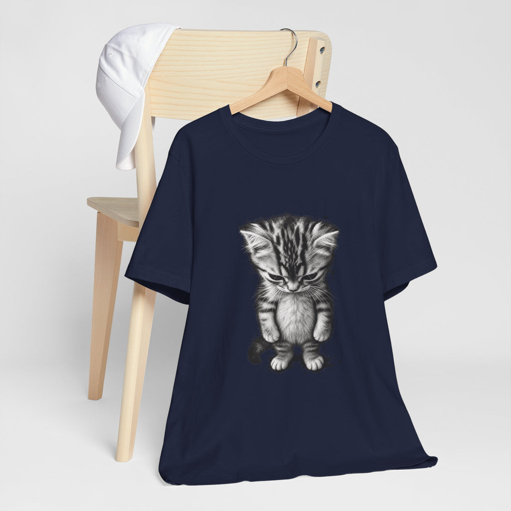 Sad Kitten Illustration T-Shirt — Cute Grayscale Cat Art Tee