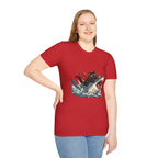 Cat Riding Shark T-Shirt — Retro Surf Graphic Tee for Cat Lovers