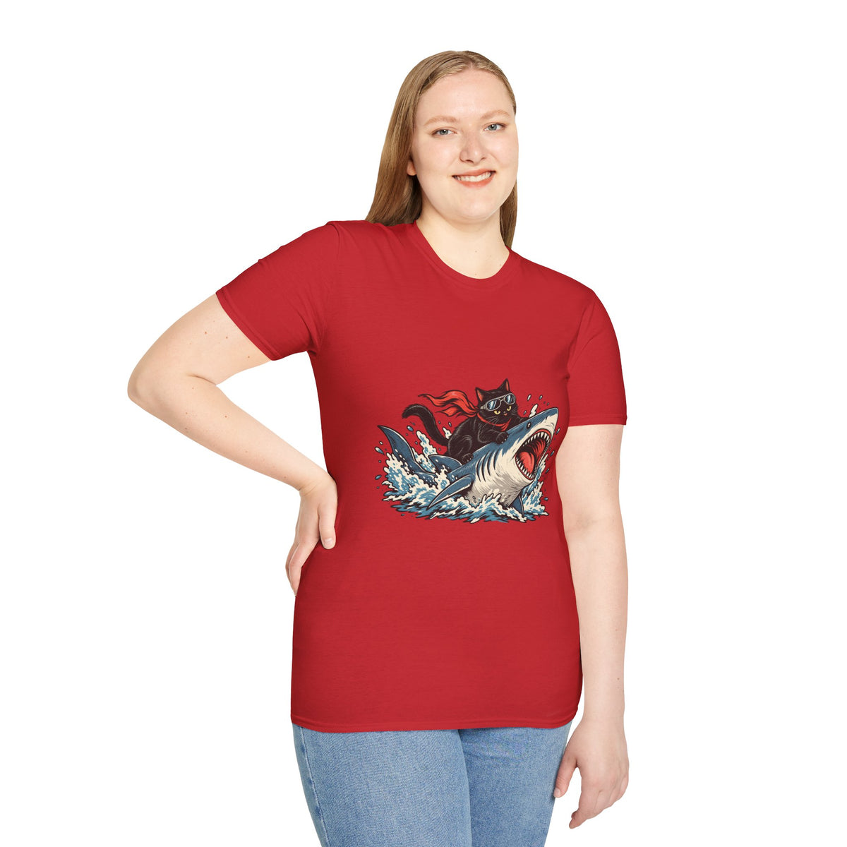 Cat Riding Shark T-Shirt — Retro Surf Graphic Tee for Cat Lovers