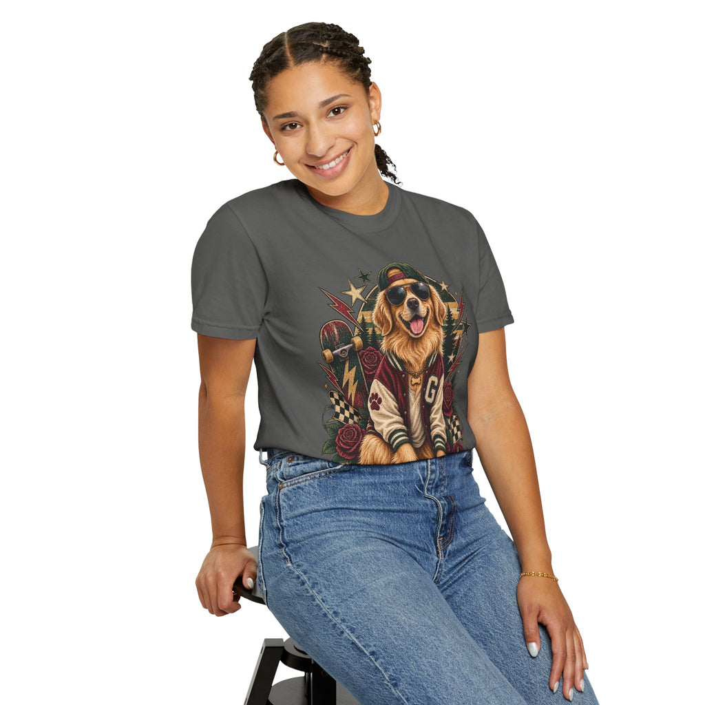 Golden Retriever Varsity T-Shirt — Retro Dog Jacket Design